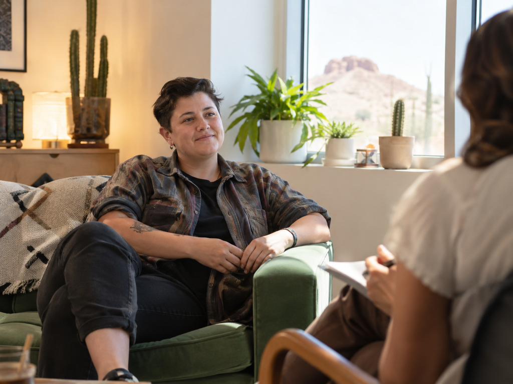 Nonbinary client in an LGBTQIA+ affirming therapy session in Phoenix, Arizona