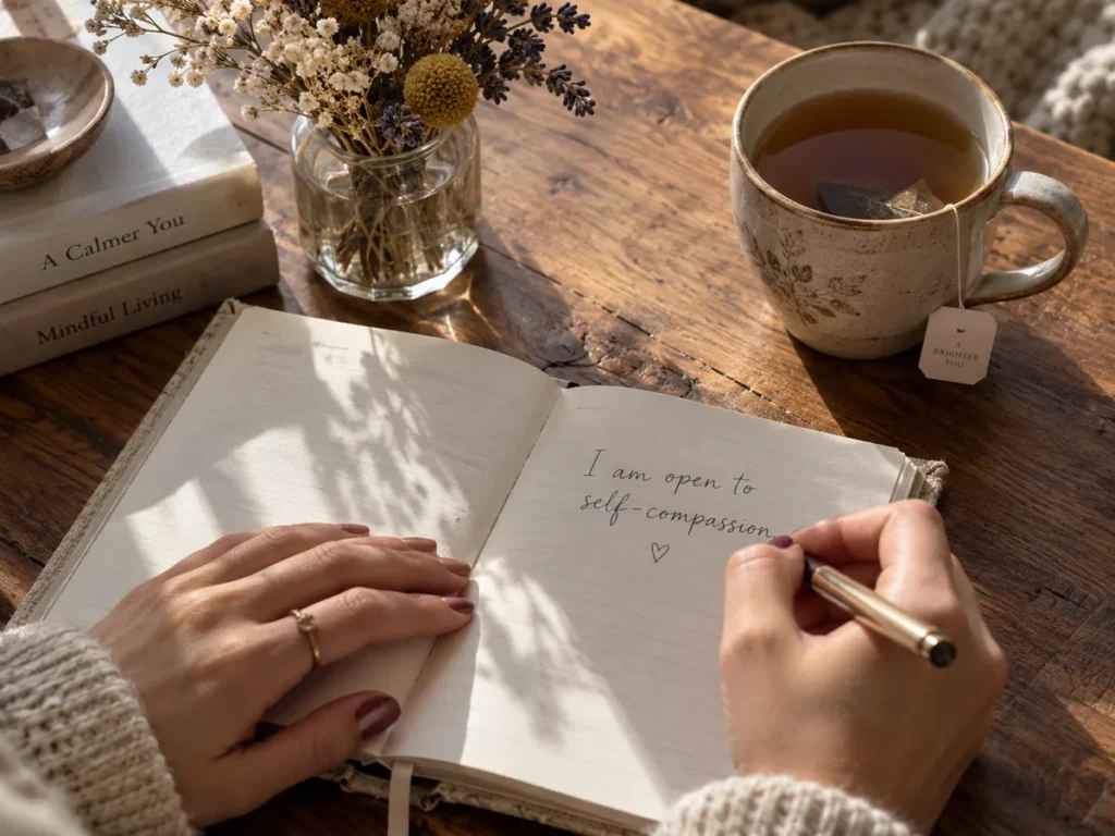 Person writing an intention in a journal before ketamine-assisted therapy